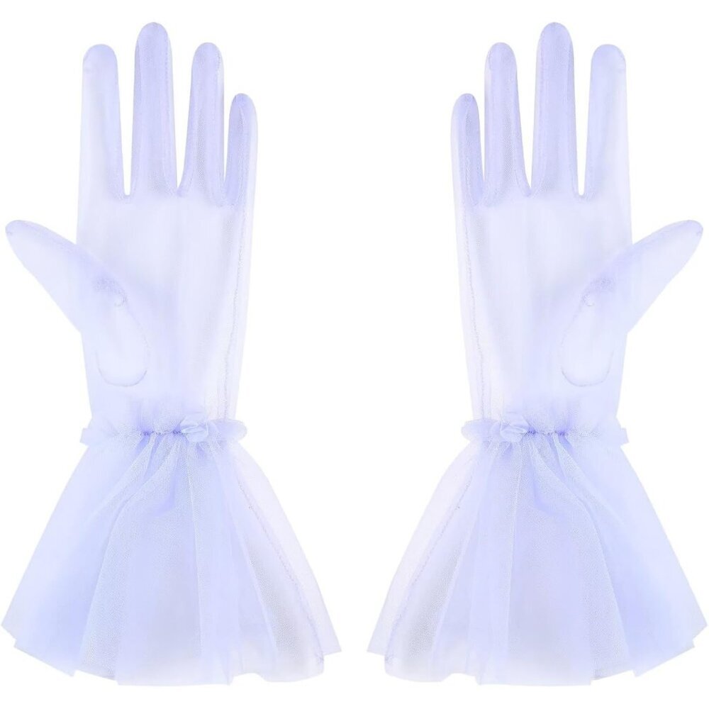 Women's Puffy Ruffle Lavender Tulle Sheer Mesh Party Prom One Size Short Gloves - Picture 4 of 7